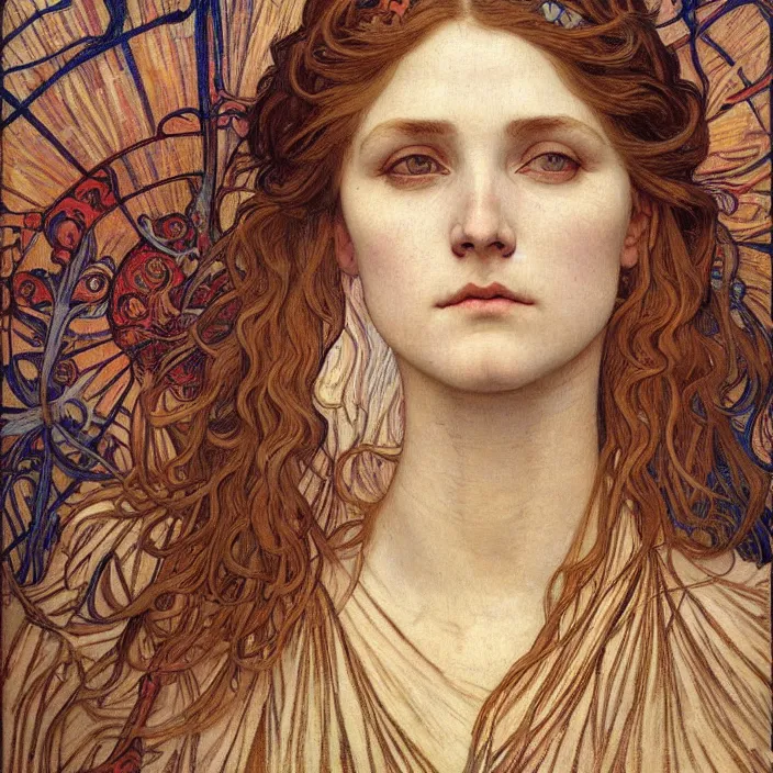Image similar to detailed realistic beautiful young medieval queen face portrait by jean delville, alphonse mucha, vincent van gogh, and marco mazzoni, art nouveau, symbolist, visionary, gothic, pre - raphaelite