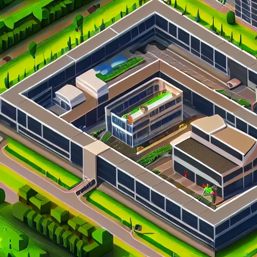 Image similar to medical building location. game illustration, gamedev, game, design, mobile game, aerial view, isometric voxel, blizzard, easports, playrix, nexters, intricate, elegant, sport game, highly detailed, digital painting, trending on artstation, smooth, sharp focus, art by roman klco, 4 k