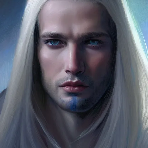 Image similar to 2 7 year old male with blue eyes and long straight blonde hair no beard with feminine features as a fantasy d & d character, closeup portrait art by donato giancola and greg rutkowski, face, digital art, trending on artstation, symmetry!!