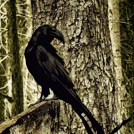 Image similar to !!!!!! werecreature consisting of a crow and a human, photograph captured in a dark forest