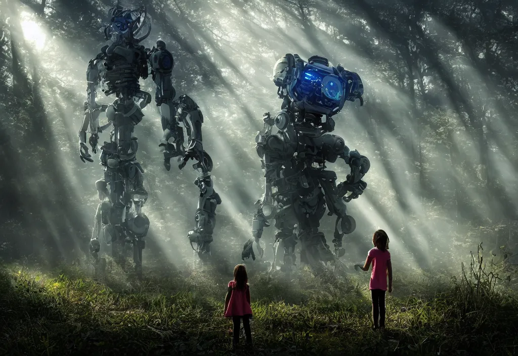 Prompt: sci - fi scene future new york, little girl holding a hand of a big robot, forest punk, crepuscular rays, epic scene, hyper realistic, photo realistic, overgrowth, cinematic atmosphere, ethereal lighting