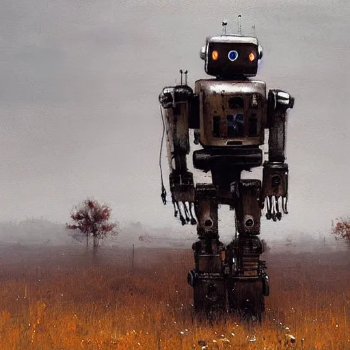 Image similar to an epic painting of a creepy robot by jakub rozalski