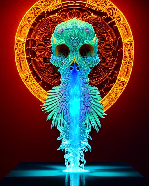 Image similar to 3 d ornate carved water heart, sigma 5 0 0 mm f / 5. global illumination beautiful intricate highly detailed quetzalcoatl skull. bioluminescent, plasma, lava, ice, water, wind, creature, thunderstorm! artwork by tooth wu and wlop and beeple and greg rutkowski, 8 k trending on artstation