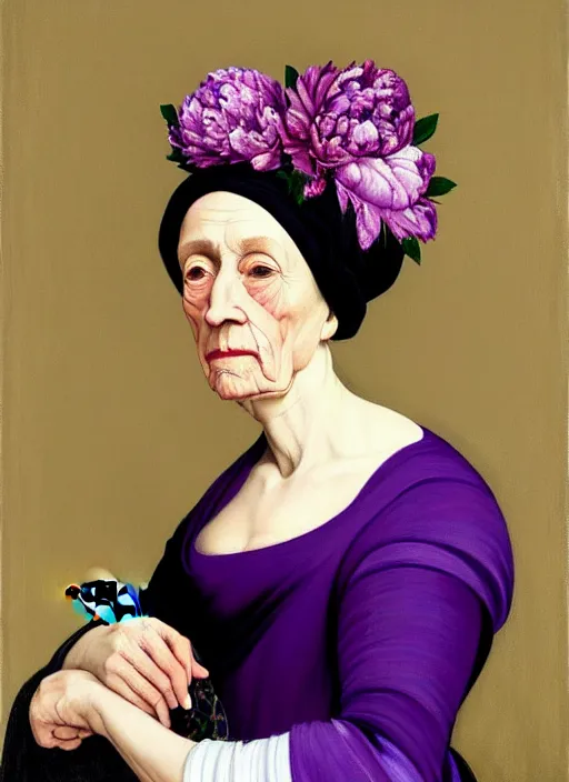 Prompt: portrait of a old year woman with a headscarf and purple dress and many peonies snake smoke, purple colour scheme, full length, masterpiece, dark background, art by caravaggio, artstation
