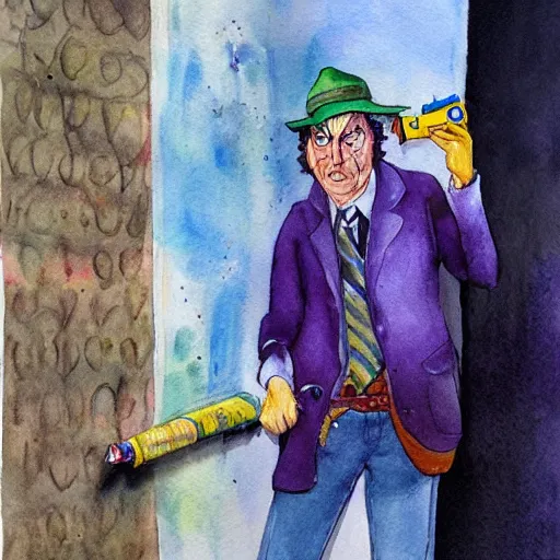 Prompt: burglar with a water gun, magical, water color painting, pastelle colors, by roald dahl