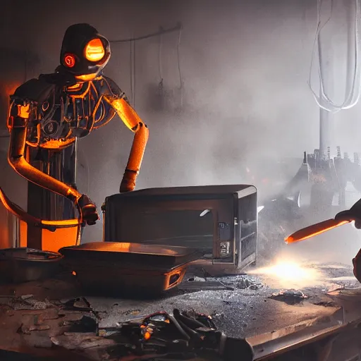 Image similar to cyborg toaster oven repairman, dark messy smoke - filled cluttered workshop, dark, dramatic lighting, orange tint, sparks, cinematic, highly detailed, sci - fi, futuristic, movie still