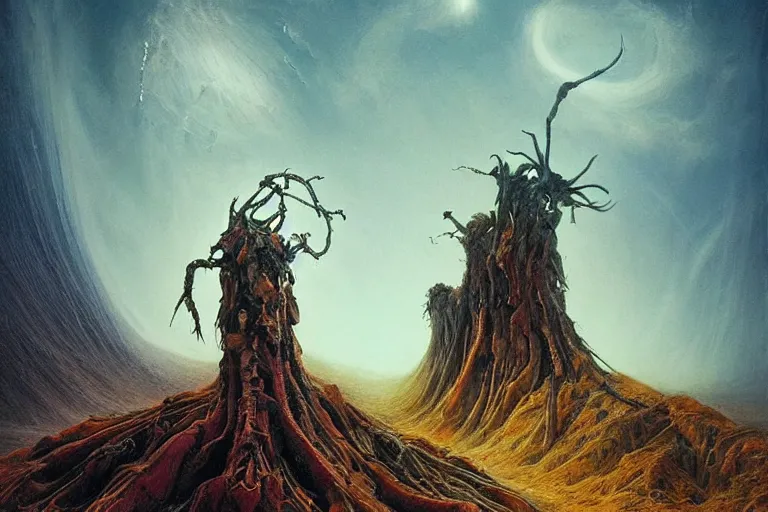 Image similar to prophecy, vivid colors, hallucination, amazing concept painting by Jessica Rossier and HR giger and Beksinski, the middle of a valley, it was full of bones, bones that were very dry, there was a noise, a rattling sound, and the bones came together, bone to bone , I looked, and tendons and flesh appeared on them and skin covered them, but there was no breath in them and breath entered them, they came to life and stood up on their feet a vast army