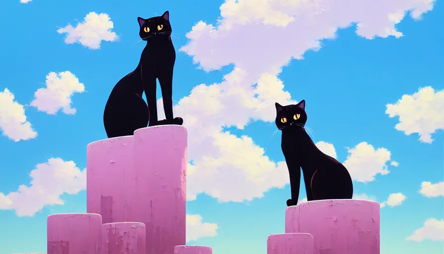 Image similar to highly detailed contemporary acrylic painting of really tall sitting cats by makoto shinkai, thick brush strokes and visible paint layers, glistening clouds in background, light blue black, white and pink vivid pastel color scheme