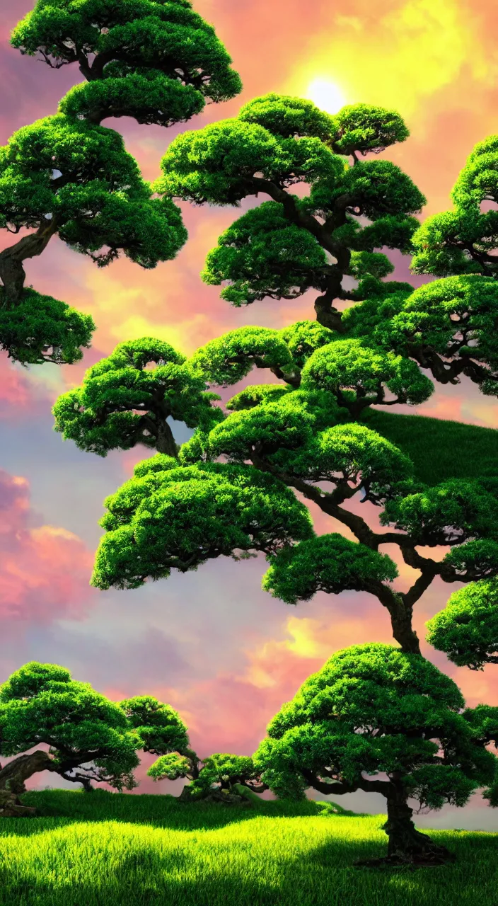 Prompt: lush green valley with bonsai trees pink anime sky clouds backlit by yellow, , high contrast, vibrant colors, vivid colors, high saturation, fantasy, artwork, aesthetic, calming, very beautiful scenery, hd, hdr, ue5, ue6, unreal engine 5, cinematic, 4k wallpaper, 8k ultra, by Greg Rutkowski and Jesper Ejsing and Raymond Swanland and alena aenami, featured on artstation, wide angle