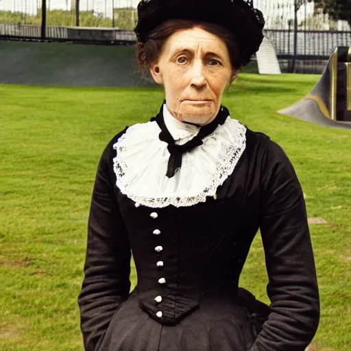 Prompt: a victorian woman at a skatepark