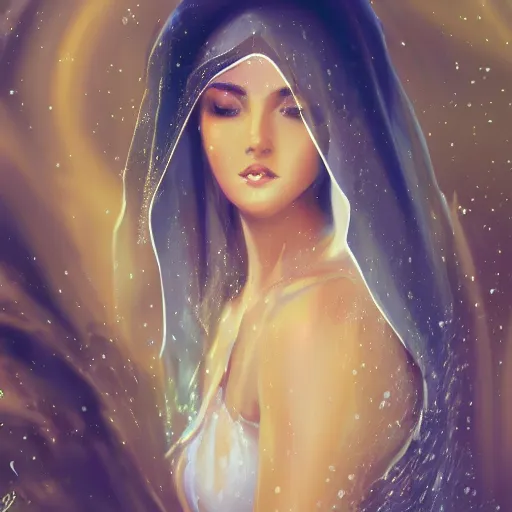 Image similar to beautiful Arab woman, white transparent veil black hair, bathing in a waterfall, ethereal, emotive, fine art, water mist, mystical, Romanticism, golden light digital painting, artstation, concept art