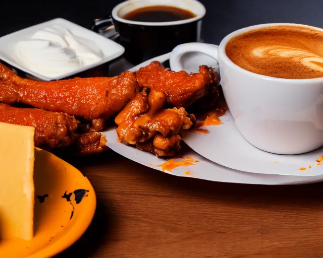 Image similar to A cup of coffee and hot wings covered in cheese, Cinematic shot, 8k resolution