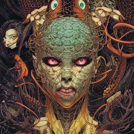 Image similar to portrait of crazy dark girl with reptiles, symmetrical, by yoichi hatakenaka, masamune shirow, josan gonzales and dan mumford, ayami kojima, takato yamamoto, barclay shaw, karol bak, yukito kishiro