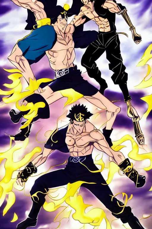 Prompt: manga cover, jotaro vs dio, art by hirohiko araki, vogue outfit, dynamic pose, action pose, muscular, cel - shading coloring