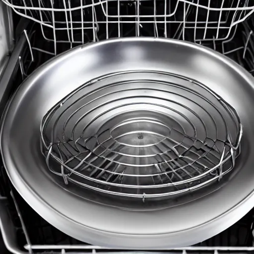 Image similar to photo of an iron skillet inside of a dishwasher, highly detailed, high quality, HD, 4k, 8k, Canon 300mm, professional photographer, 40mp, lifelike, top-rated, award winning, realistic, sharp, no blur, edited, corrected, trending