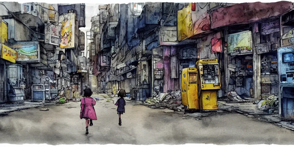 Prompt: deserted dusty junk town, a girl with a parka and a yellow parasol is running, broken vending machines, scene from the movie Ghost in the shell, watercolor, ultrawide