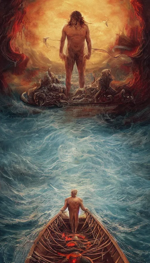 Image similar to man on boat crossing a body of water in hell with creatures in the water, sea of souls, by sam spratt