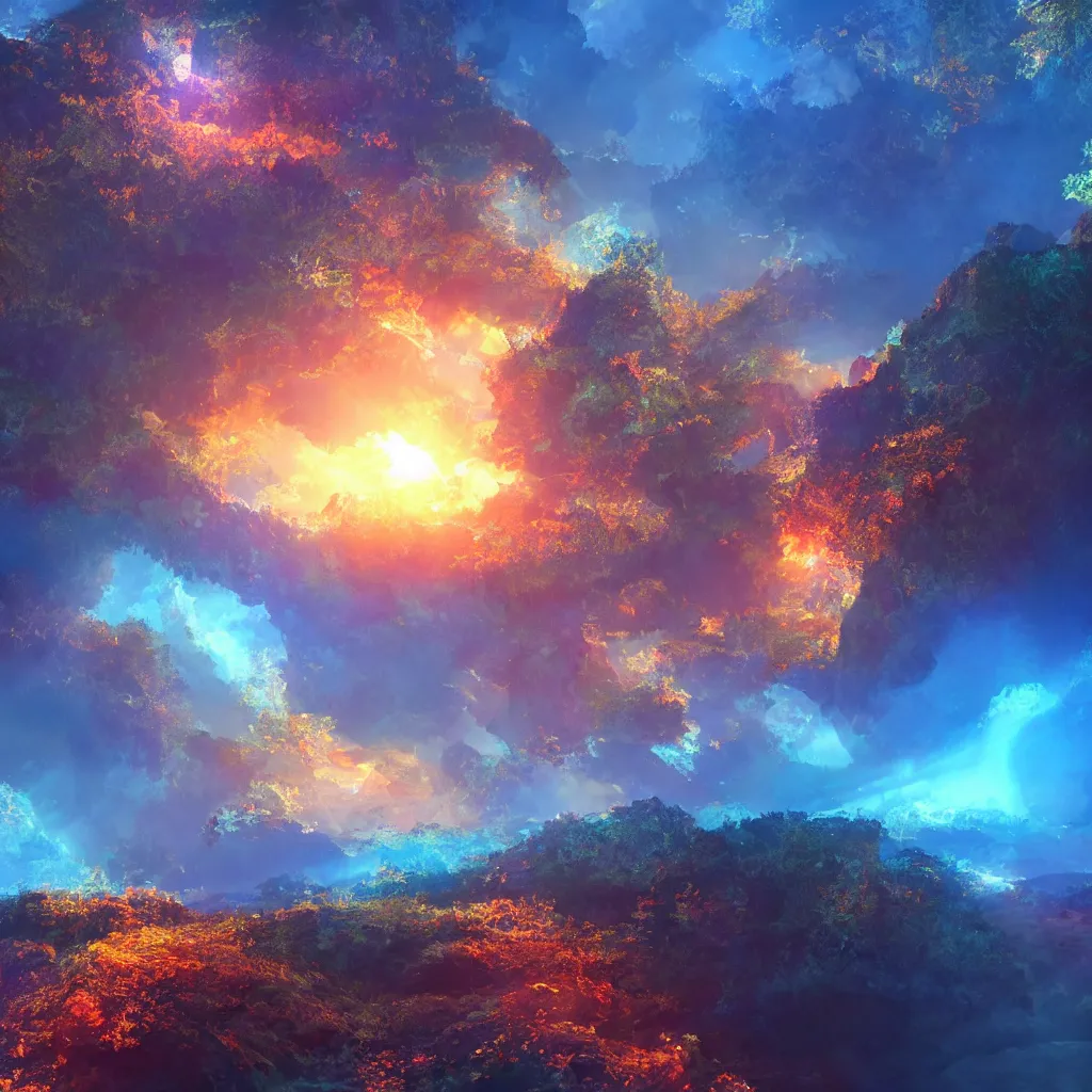 Image similar to blue magical island, red crystal, art station, volumetric lighting, beautiful, golden hour, sharp focus, ultra detailed, concept art