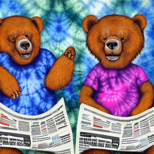 Prompt: 3 bears in tie dye shirts reading newspapers, highly detailed, portrait painting, illustration by scott gustafson