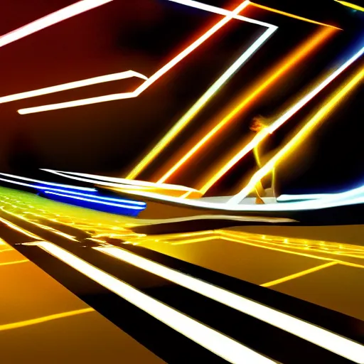 Image similar to drawing of break dancer as lines of lights, long exposure shot, tron, cinematic view from lower angle