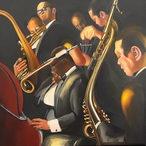 Image similar to oil on canvas, jazz party night, artstation, hyperrealism, high detail, centered, masterpiece