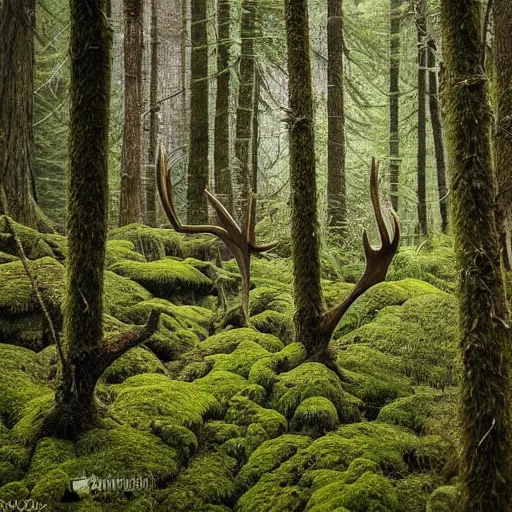 Image similar to in a dark forest with trees covered in moss, hundreds of vines entwine to take shape of an elk