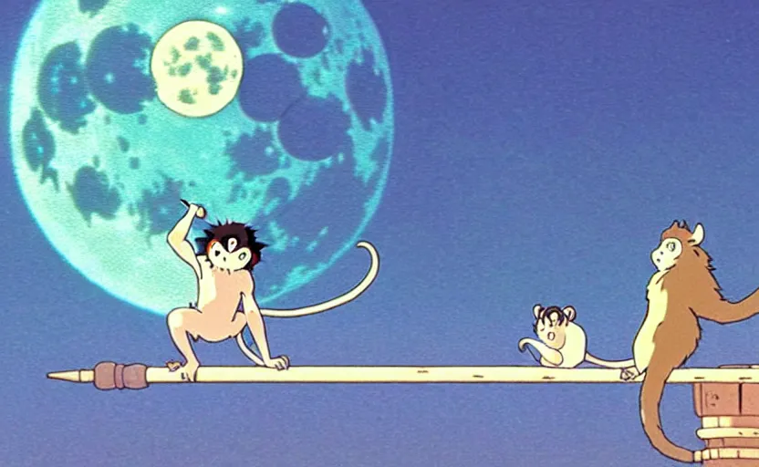 Image similar to a still from a studio ghibli movie of a cartoon monkey from princess mononoke ( 1 9 9 7 ) flying on a magic carpet in front of a pale full moon, full body, wide shot, very dull muted colors, studio ghibli, highly detailed, deviantart, art by artgem