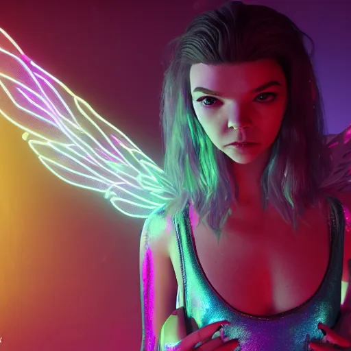 Prompt: neon fluorescent, iridescent older anya taylor - joy with fairy wings cyperpunk 2 0 7 7, unreal engine 5, 8 k ultra realistic, hyperdetailed, volumetric lighting, extremely high quality