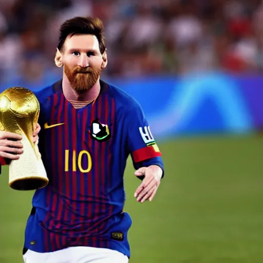 Image similar to Lionel Messi holding the Fifa World Cup
