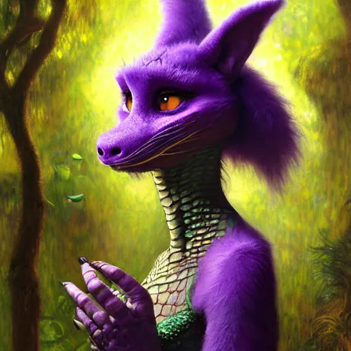 Image similar to a portrait of a female purple reptile in goth clothes at night in a dark forest. zootopia fursona furaffinity furry art detailed face painting by gaston bussiere craig mullins jc leyendecker gustav klimt artgerm greg rutkowski furry