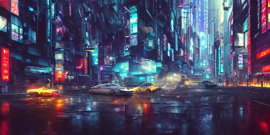 Prompt: Cyberpunk street with futuristic car in the foreground on a rainy day in Japan, evening, low angle view, detailed matte painting, cinematic, Moebius, Artstation