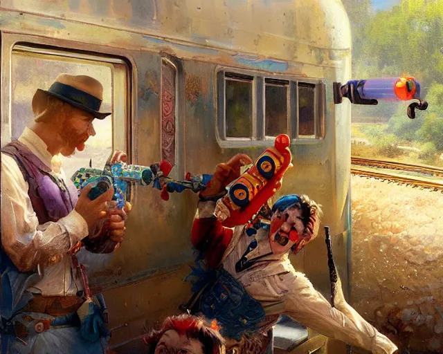 Image similar to clowns robbing inside a train using water guns, highly detailed painting by gaston bussiere, craig mullins, j. c. leyendecker 8 k