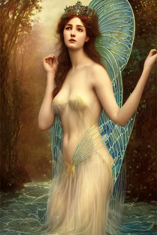 Image similar to a portrait of elegant beautiful queen of the water fairies, gossamer wings, long hair, gown made of ocean waves, illustration, dramatic lighting, soft details, painting oil on canvas, art nouveau, octane render, HDR, 4k, 8k, HD, by Edmund Blair Leighton, Brom, Charlie Bowater, faces by otto schmidt