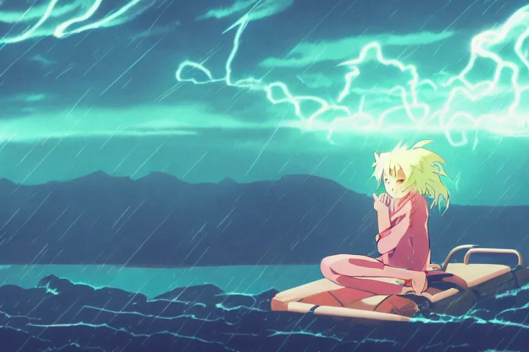 Image similar to anime woman sleeping on a raft, misty, night time, storm in distance, wide angle, by studio ghibli, anime, hazy, foggy, ambient lighting, 8 k, neon, synthwave,