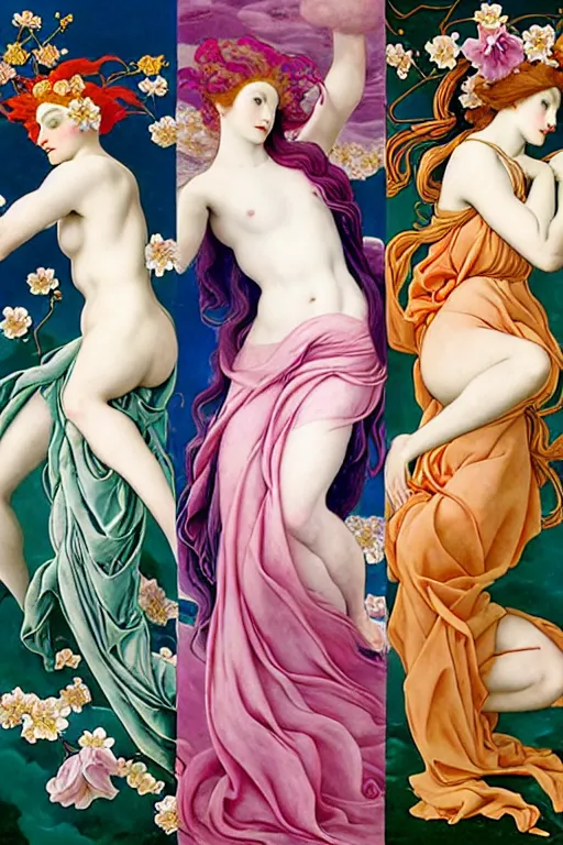 Image similar to 3 Spring Muses symbolically representing March, April, and May, in a style blending Æon Flux, Peter Chung, Shepard Fairey, Botticelli, Ivan Bolivian, and John Singer Sargent, inspired by pre-raphaelite paintings, shoujo manga, and cool Japanese street fashion, dramatically blossoming flora and fauna, petals falling everywhere, pastel vivid triad colors, hyper detailed, super fine inking lines, ethereal and otherworldly, 4K extremely photorealistic, Arnold render