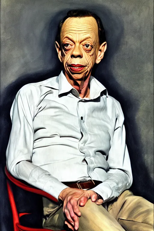 Image similar to portrait of don knotts sitting with full face full figure seductive sensual alluring attractive, in the style of expressionism, artstation, trending, andrew wyeth, jamie wyeth, john singer sargent,