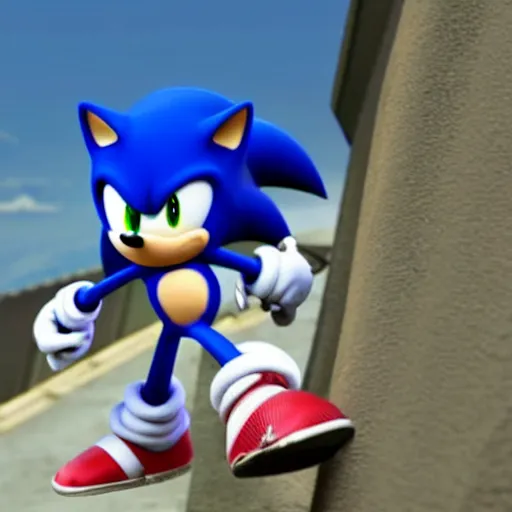 Image similar to sonic the hedgehog pilots a spider mecha, extremely detailed, climbing up a concrete wall, photorealistic,
