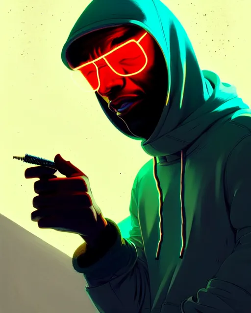 Prompt: neo - noir artstyle, hyper - realistic detailed portrait of a man in a hoodie, with neon visor, by atey ghailan, by greg rutkowski, by greg tocchini, by james gilleard, by joe fenton, by kaethe butcher, sharp focus