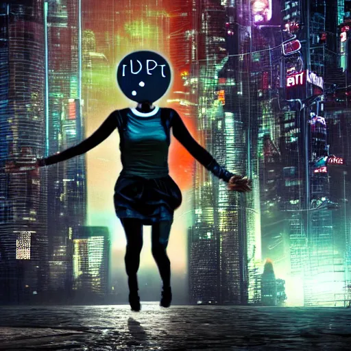 Prompt: people running scared from a giant with bitcoin head, cyberpunk art, hyper-realistic, 4k