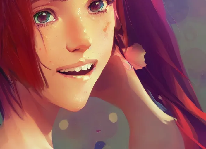 Image similar to portrait of a beautiful smiling girl with orange hair and freckles, green eyes, highly detailed, digital painting, concept art, smooth, sharp, focus, background is purple, anime key visual, ilya kuvshinov, rossdraws, artstation