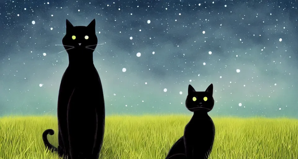 Prompt: black cat walking around in an open field at night with fireflies in the air and lots of stars in the sky, digital painting, highly detailed, magical, trending on artstation