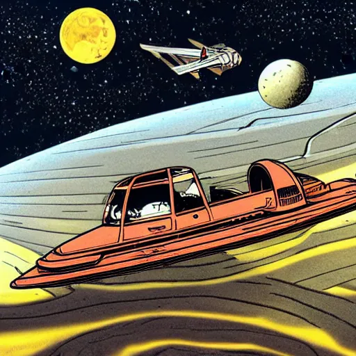 Prompt: rickety spaceship hurtling towards the moon, science fiction pulp illustration