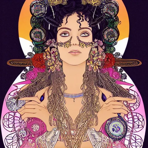 Prompt: Beautiful illustration of a Mexican woman of 40 years old, with curly black and silver hair, the woman has beautiful black eyes, her skin is light brown, she is dressed in shaman clothes, in the style of yoshitaka amano and alfons mucha