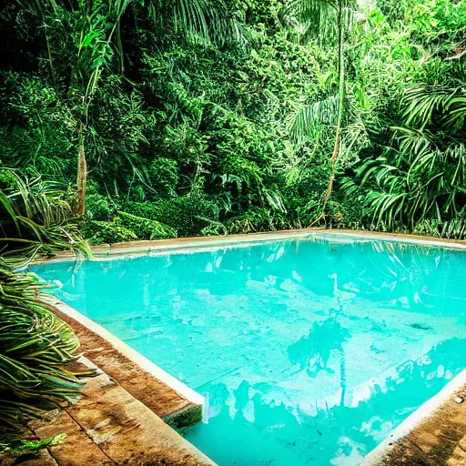 Image similar to in the middle of nowhere, swimming pool, greenery, jungle, sunlight, detailed, award winning photo, canon camera