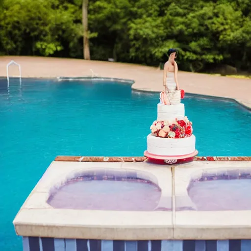 Image similar to wedding cake made of concrete swimming in a pool with kois in it, ladies standing on the edge of the pool, high quality, photo