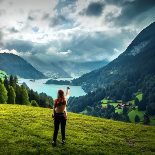 Image similar to a beautiful photograph of a girl with switzerland landscape in the background with trees, hdr, 8 k, high quality, sharp focus, artstation, highly detailed, award - winning, dramatic lighting, beautiful clouds, and nature