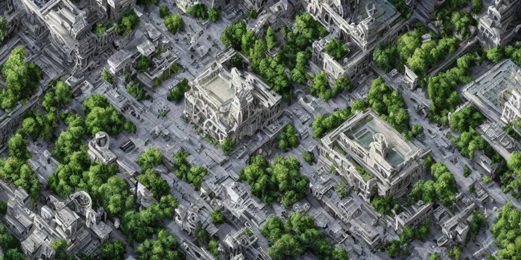 Prompt: top - down view of the town square of the great city of noxia, marble streets, ivory towers, forest in background, peter morbacher, ross tran, greg rutkowski, intricate details, extravagant, accents of white and green, trending on artstation, cinematic lighting, digital painting, sharp focus, no blur, octane render, artgerm