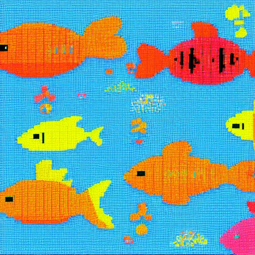 Prompt: colorful fishes swimming in rainbow pixel art