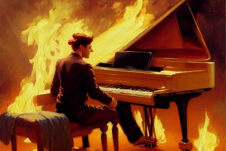 Prompt: attractive male playing piano in fire, painting by gaston bussiere, craig mullins, j. c. leyendecker