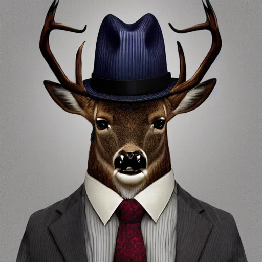 Image similar to a upper body portrait of a deer in a pinstriped suit and pants wearing a fedora with the antlers sticking out of the fedora adjusting his tie by artgerm and wlop, intricate detail, digital art, photorealistic, trending on artstation